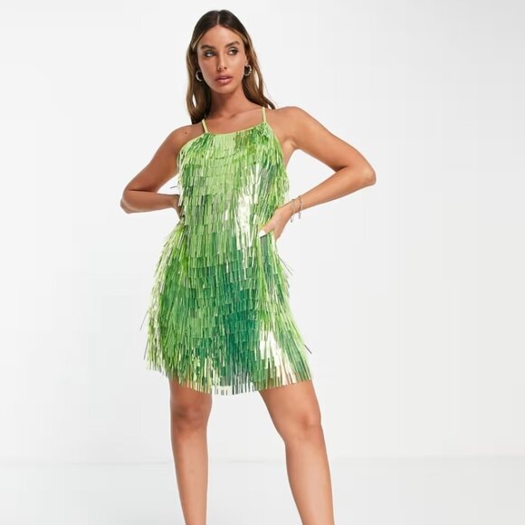 ASOS DESIGN shard sequin strappy mini dress in green - Picture 1 of 5
